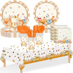 141pcs Thanksgiving Plates Set with Tablecloth Serve 20 Guests, Glazeal Disposable 7in / 9in Plates with Thanksgiving Napkin and Tablecloth-Pumpkin