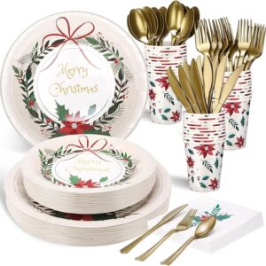 Sliner 350 Pcs Christmas Party Supplies Disposable Christmas Tableware Set 100 Paper Plate 50 Cup Napkin Knives Fork Spoon Xmas Holiday Party Dinnerware Table Decoration Classic Xmas Tableware